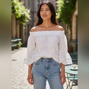 Boston Proper white flower eyelet blouse top with pearls and rhinestones